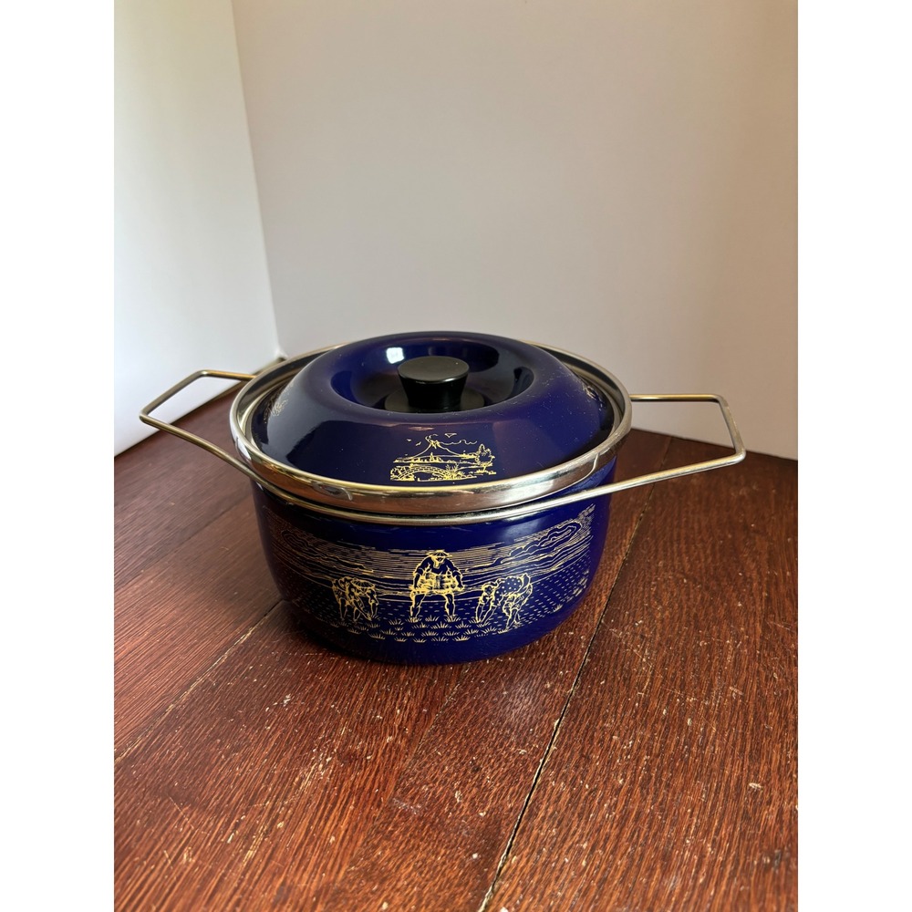 Vintage Siltal Italy Cobalt Blue Gold Chinoiserie Enamelware Pot with Lid 7.5in